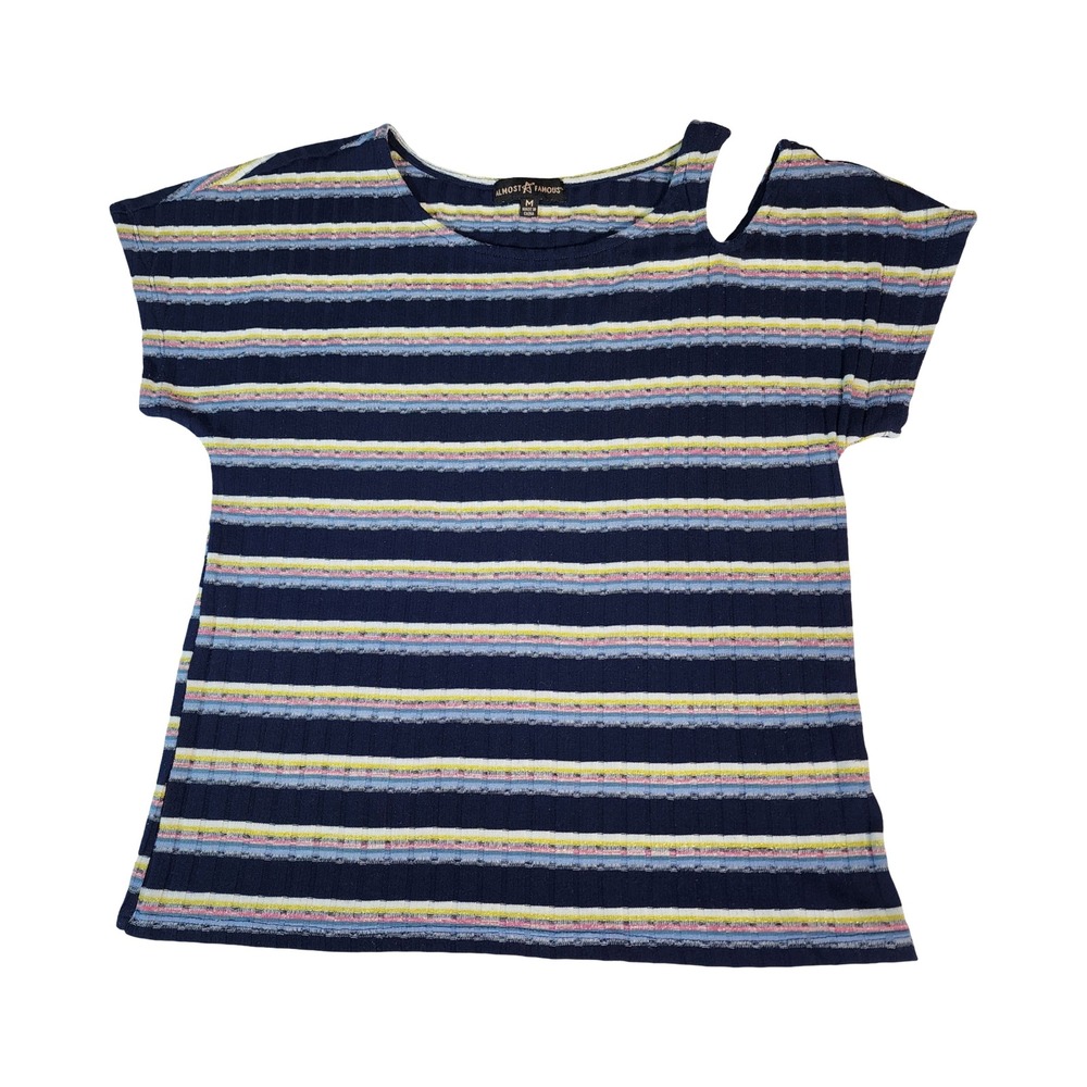 Almost Famous Womens Navy Striped Cold Shoulder Ribbed Knit Top Size M Metallic